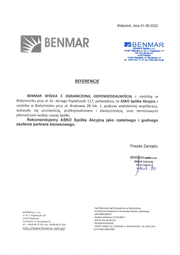 Referencje dla ASKO S.A. od firmy Benmar