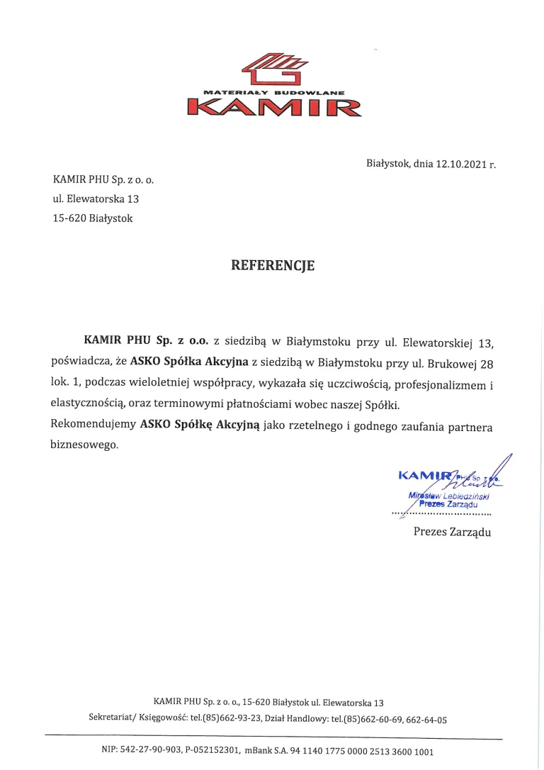 Referencje dla ASKO S.A. od Kamir