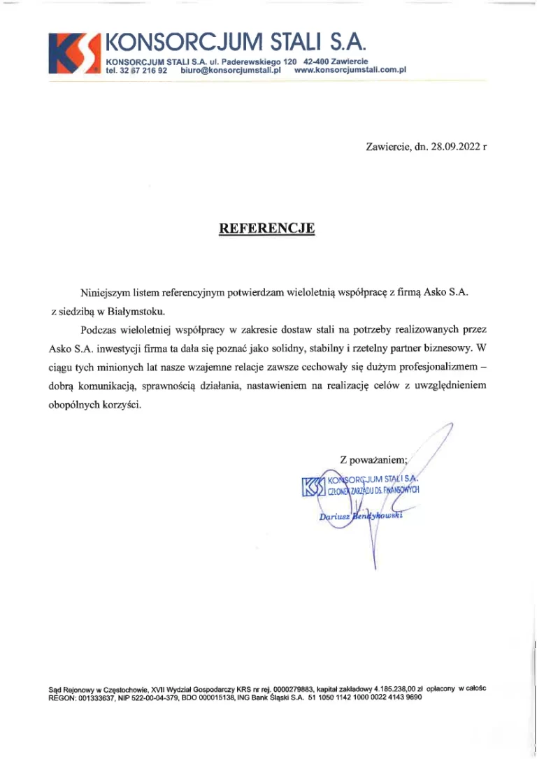 Referencje dla ASKO S.A. od Konsorcjum Stali S.A.