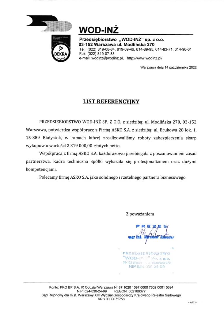 Referencje dla ASKO S.A. od przedsiębiorstwo WOD-INŻ
